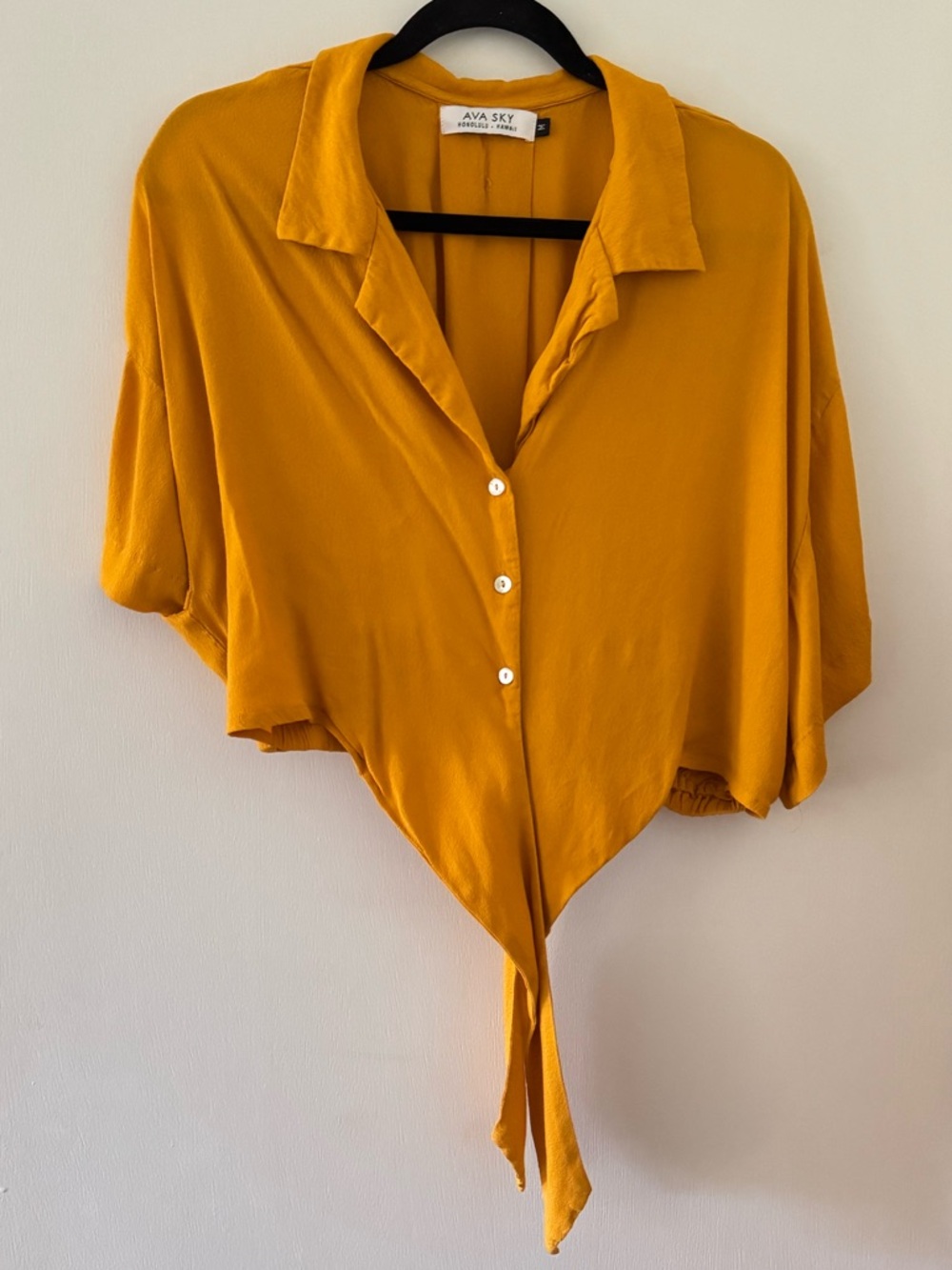 Ava Sky Mustard Tie-Front Button Crop Shirt
